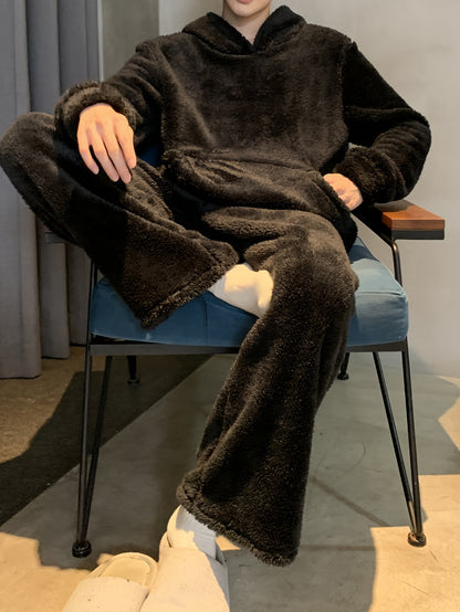 Men's Coral Velvet Pajamas Autumn and Winter Thickened Velvet Winter Hooded Flannel Warm Youth Pajama Set