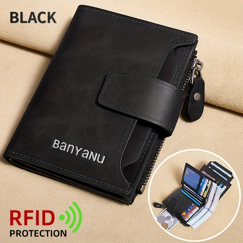 BANYANU Vintage Genuine Leather Wallet for Men - RFID Blocking, 17 Card Slots, Zippered Coin Pocket &amp; Independent Card Holder, Brown, Perfect Father'S Day Gift, Secure Card Storage | Vintage Wallet | Durable Zipper Closure, B