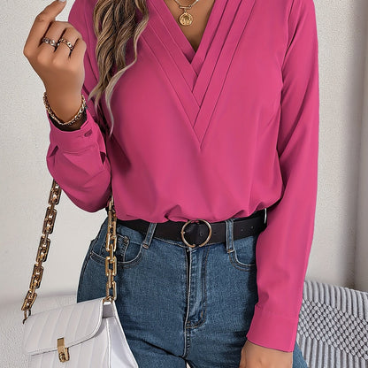 Women'S Elegant V-Neck Long Sleeve Shirt, Solid Color Polyester Blouse with Triple V-Cut, 95% Polyester 5% Elastane, Woven Fabric, 120g/m², for Spring/Summer/Fall - Adult