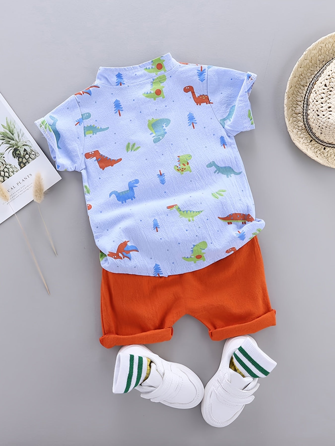 2pcs Baby Boys Dinosaur Print Button Short Sleeve Shirt Top &amp; Elastic Waist Shorts Set Toddler Summer Clothes For Daily &amp; Outdoor Wear