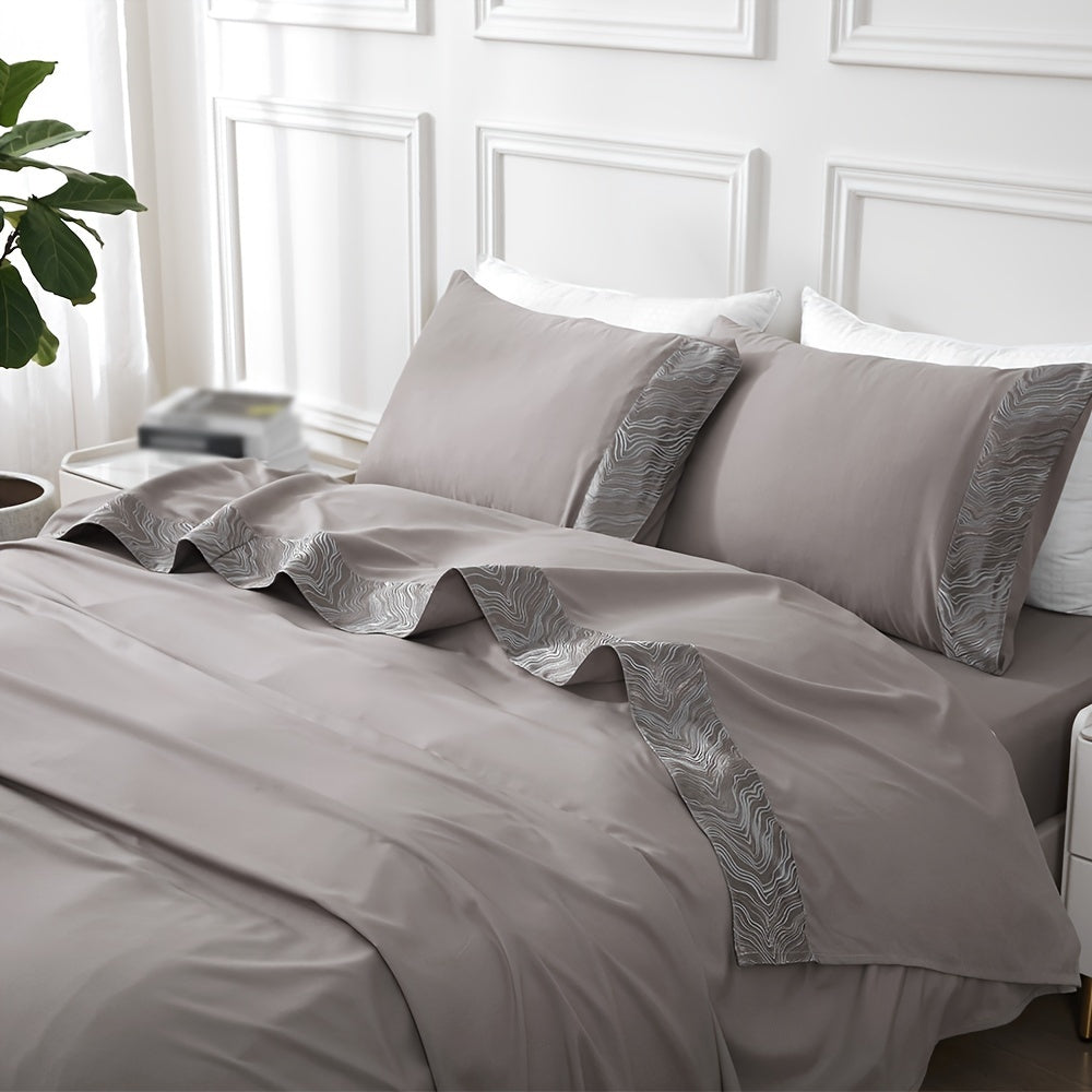 Luxury jacquard Bed Sheets Set 40.64cm deep pocket - 4pcs Bedding - Shrinkage and Fade Resistant - Easy Care 1flat+1fitted+1/2pillowcase