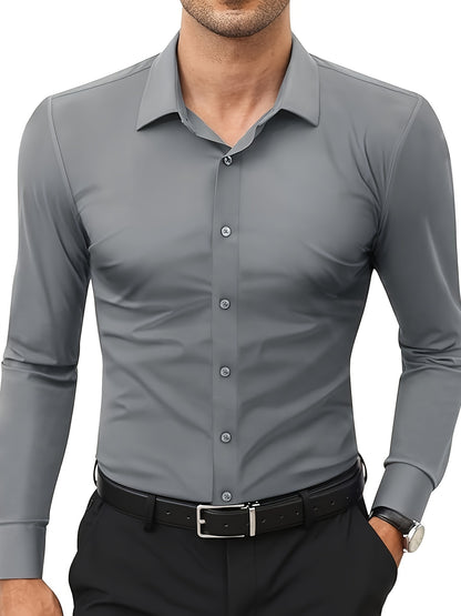 Camisola de homem de manga comprida com corte slim - 55% algodão, 40% poliéster, 5% elastano, cor lisa, para todas as estações, tecido plano, fecho com botões, gola de lapela, ideal para o fim de semana, 125 g/m²