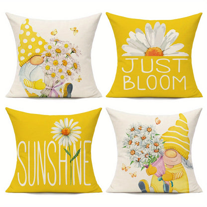 4pcs Daisy Flower Gnome Pattern Spring Throw Pillow Covers, For Home Couch Patio Furniture Bench Sofa Porch Decor, No Pillow Insert, 45.72*45.72cm