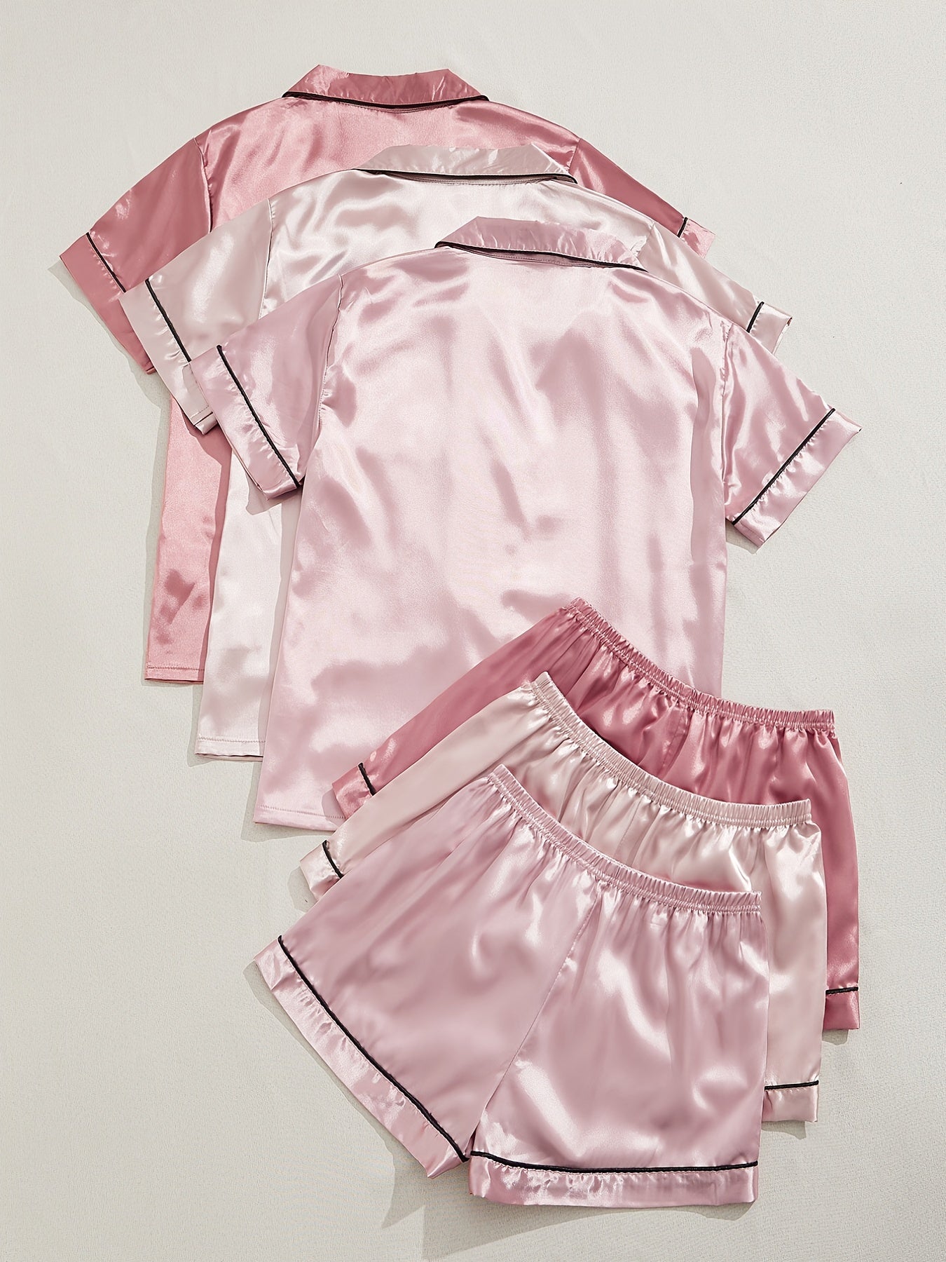 3 Sets Satin Pajama Set, Short Sleeve Lapel Top &amp; Elastic Waistband Shorts, Women's Sleepwear &amp; Loungewear