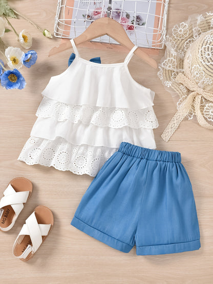 Cute Ruffle Lace Top & Check Shorts Two-Piece Set - White Blouse with Yellow Bow, Yellow & White Gingham Shorts, Perfect for Spring/Summer, Casual Playwear|Ruffle Detail Top|Nonstretch Fabric, for Outdoor
