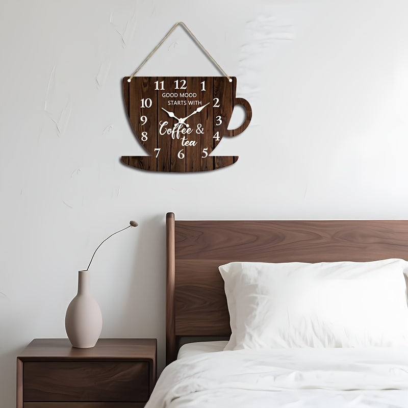 1pc Unique Clock, Coffee Cup Shaped Creative Wall Clock with Arabic Numerals Design in Dark Wood Tone, Silent Quartz Wooden Timepiece for Bedroom, Living Room, Office, Kitchen & Bathroom - Battery Operated (Batteries Not Incl