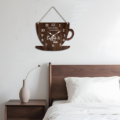 1pc Unique Clock, Coffee Cup Shaped Creative Wall Clock with Arabic Numerals Design in Dark Wood Tone, Silent Quartz Wooden Timepiece for Bedroom, Living Room, Office, Kitchen & Bathroom - Battery Operated (Batteries Not Incl