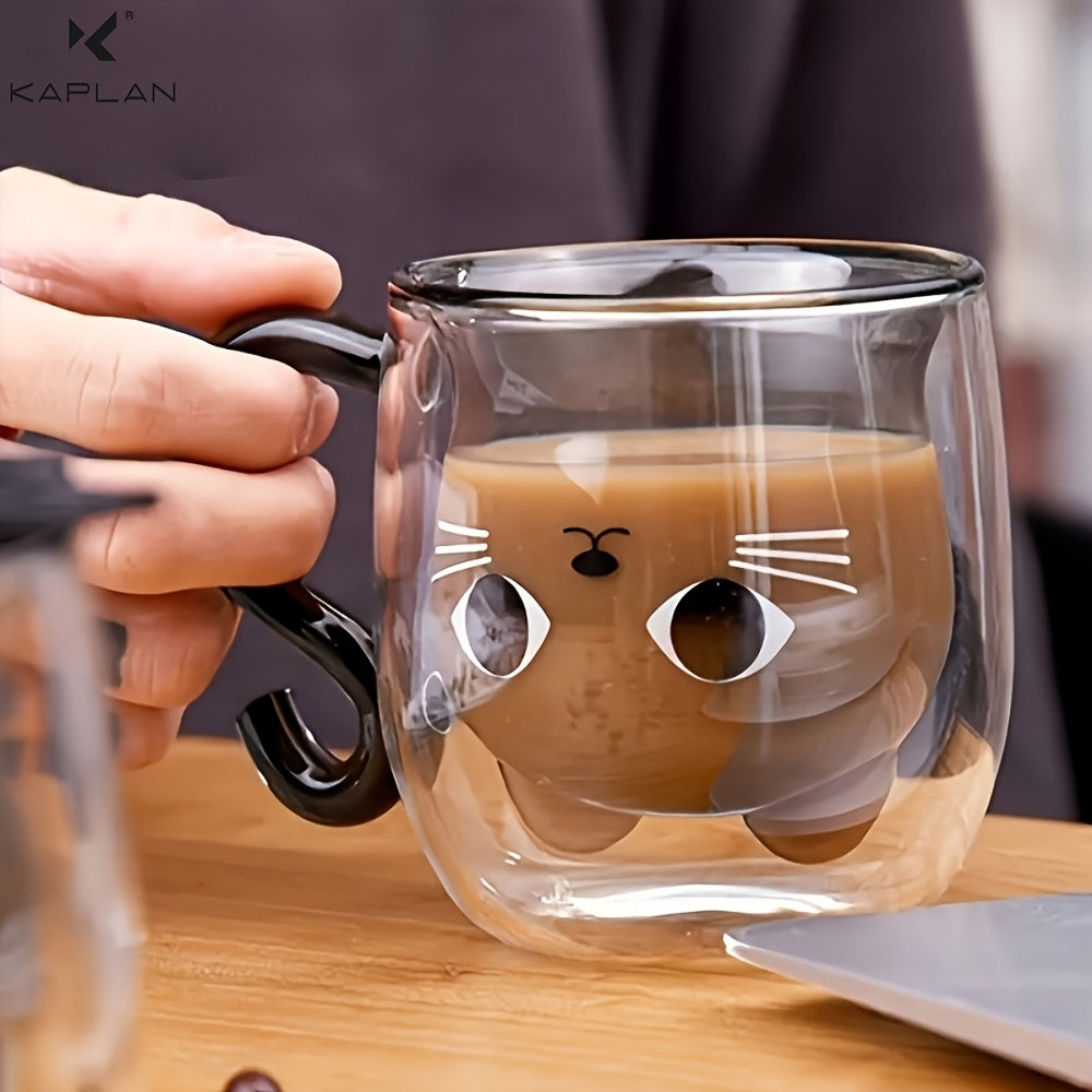 Caneca de vidro de 266 ml com encantador tema de gato - Isolamento de parede dupla, chávena de café de borosilicato sem chumbo com pega - Presente perfeito para amantes de gatos, mulheres, professores e amigos.