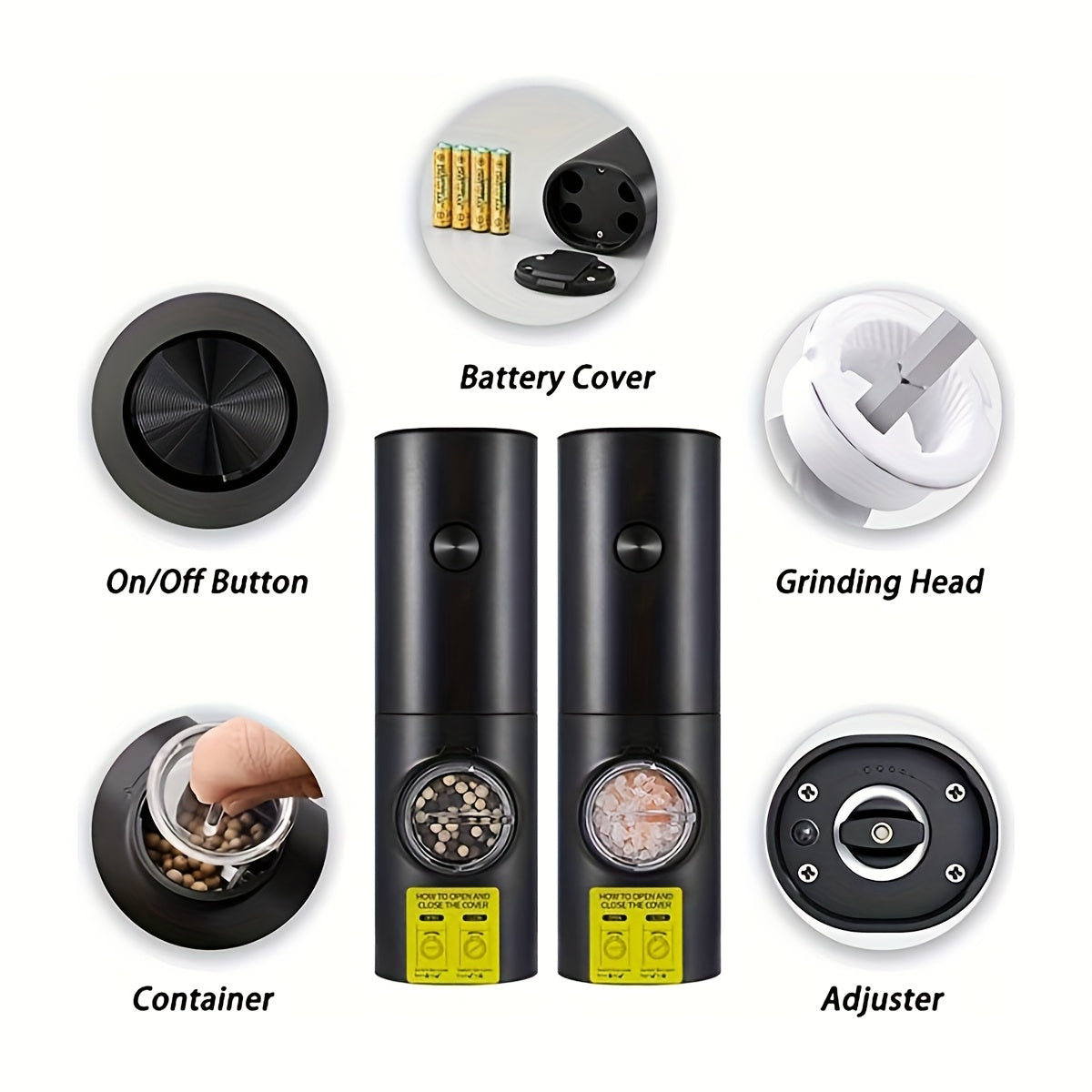 2pcs Electric Salt and Pepper Grinder Set with Adjustable Seam/Fineness, One-Touch Operation, (/Battery), Compact and Portable Base with ABS Housing &amp; Black/White Design, Ideal Gift