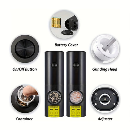 2pcs Electric Salt and Pepper Grinder Set with Adjustable Seam/Fineness, One-Touch Operation, (/Battery), Compact and Portable Base with ABS Housing &amp; Black/White Design, Ideal Gift