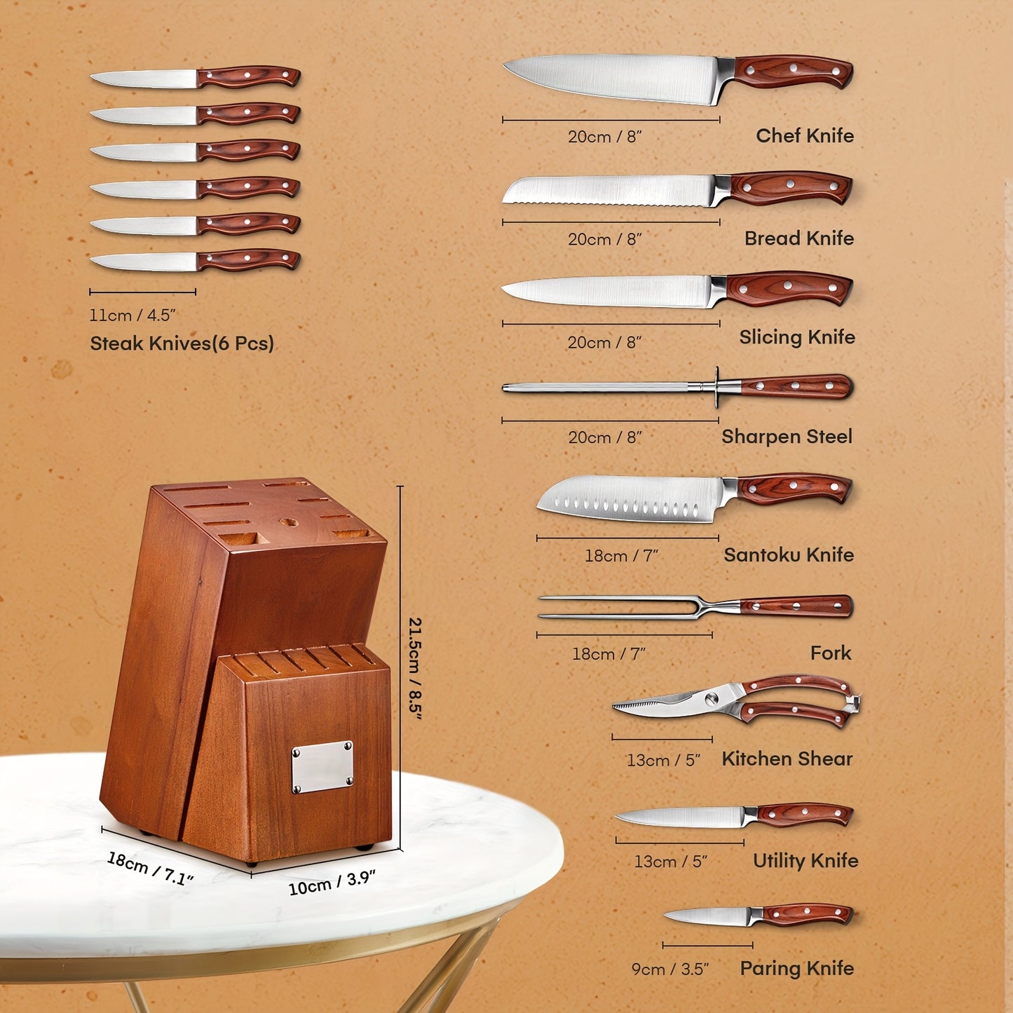 16pcs Knife Set, With Wooden Handle, Stainless Steel Chef'S Knife Set With Wooden Block, Professional Kitchen Knife With Sharpening Steel, Ideal Christmas Gift For Mother, Friend, Brown/Black