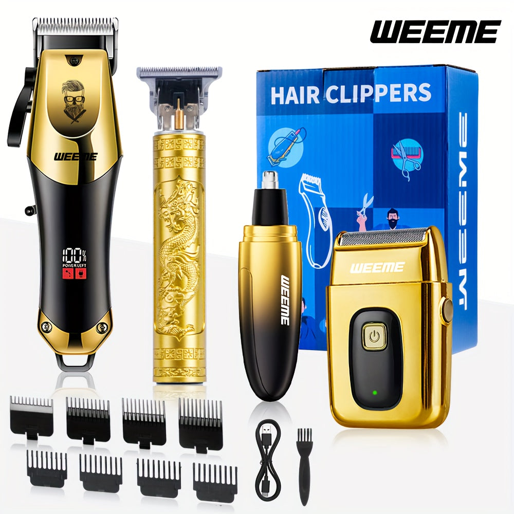 WEEME 4pcs Men'S Golden Electric Hairdresser Set, Household Beard Building Kit. Electric Hair Clipper + Electric Shaver + Electric Nose Hair Trimmer + Fine Trimmer. Used for Home, Car and Travel. Gifts for Fathers, Husbands,