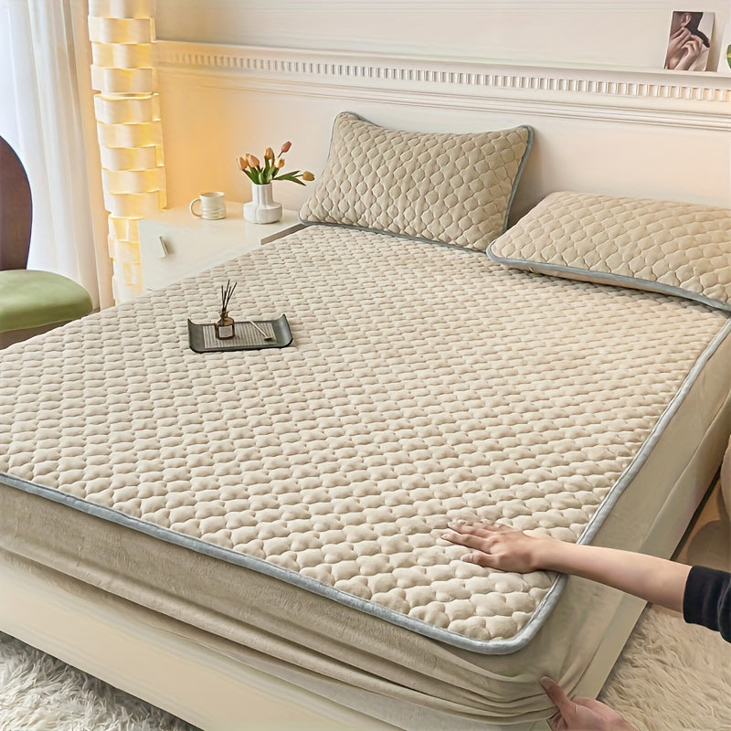 Conjunto de 3 peças de lençol de baixo e fronha em veludo macio e confortável, com enchimento grosso tipo sanduíche, excelente efeito de aquecimento, altura do lençol de baixo de 30 cm, estilo acolchoado, ideal para quarto de hóspedes e quarto de família.