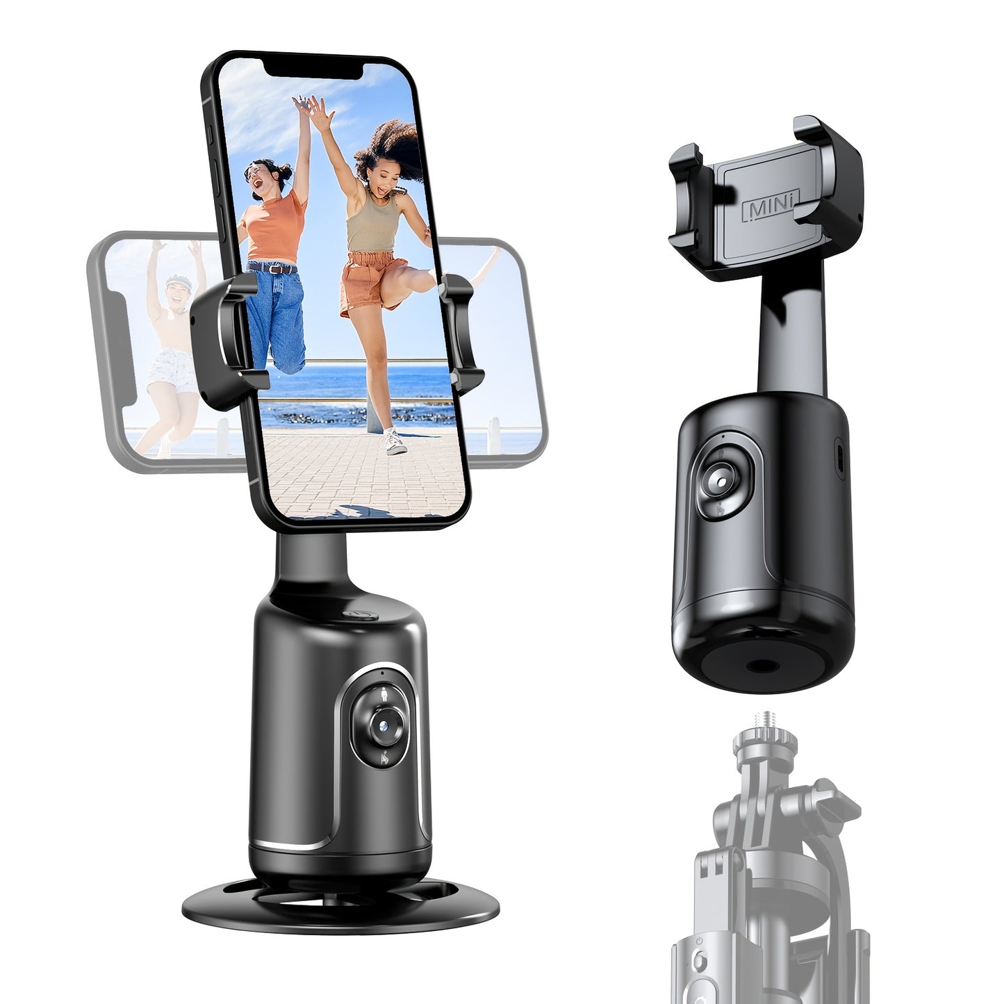 Tripé com seguimento facial automático, sem necessidade de aplicação, suporte para telemóvel com rotação de 360° para rosto e corpo, ideal para vlogs e live streams, bateria recarregável, preto.