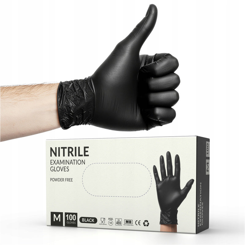 Nitrile Gloves, Powder-Free in Black, Size M, Packaging 100pcs, Made of High-Quality Nitrile Resistant to Punctures, Chemicals And Tears, Latex-Free And Powder-Free Hypoallergenic And Safe for Sensitive Skin, Universal – Fi