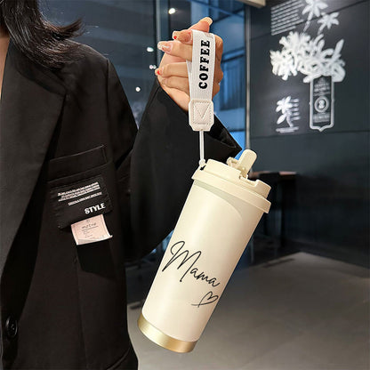 1pc 530ml Insulated Coffee Cup with Straw & Straw Holder - Skull & Heart Design, Leakproof Travel Mug, Detachable Strap, Hot/Cold Thermos for Home, Office, Gifts - Name/Text, Durable Portable Cup for Hot & Cold Drinks