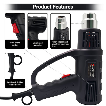 DKEOF Turbo Heat Gun Pro - 1280W High-Power Industrial Heat Gun with 4-Nozzle Kit, 100-600°C Precision Temperature Control, Overheat Protection, Durable Construction, Ergonomic Design, Heavy-Duty Metal Construction for Weldi