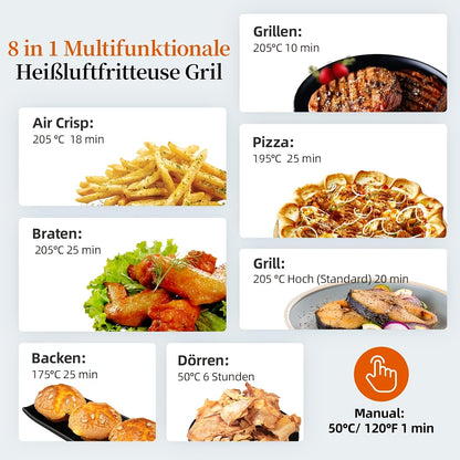 8-in-1 Grill Hot Air Fryer, 6L Capacity Airfryer, Electric Grill with Touch Control, 120-Minute Timer, 1700W, Black