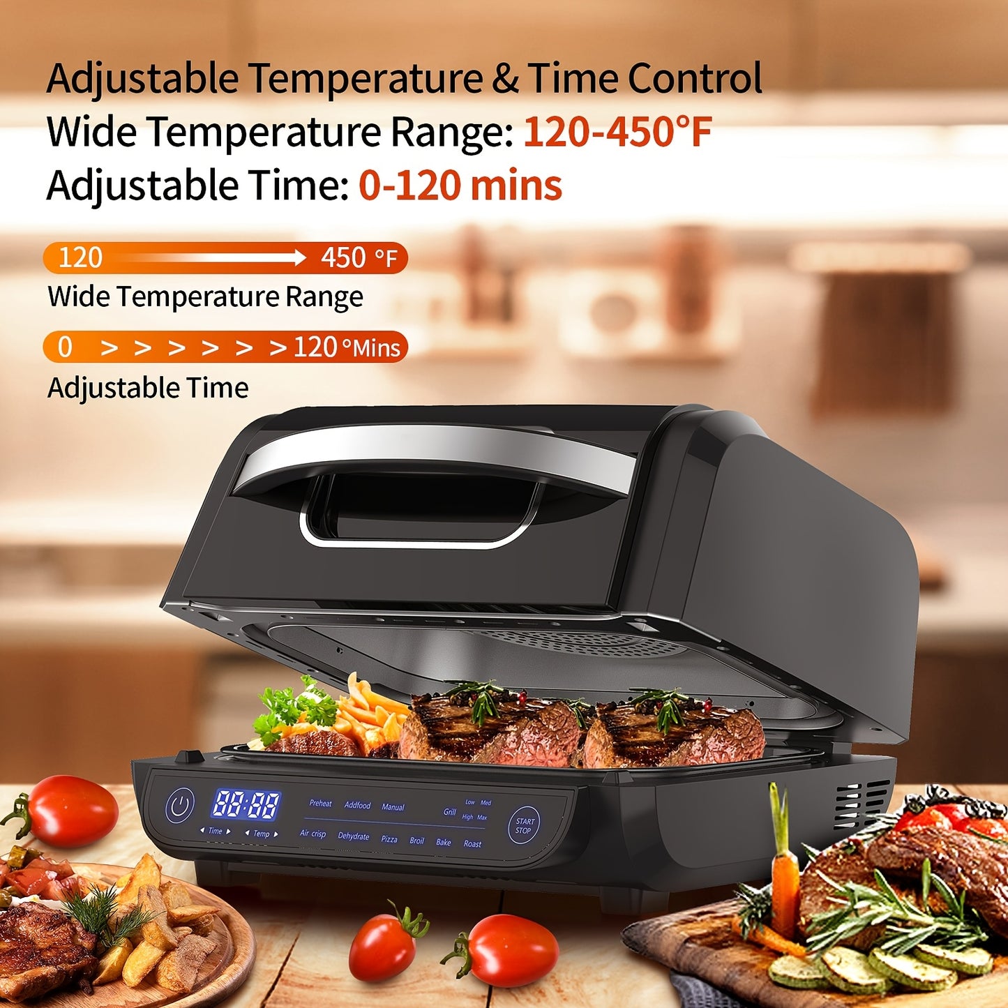 8-in-1 Grill Hot Air Fryer, 6L Capacity Airfryer, Electric Grill with Touch Control, 120-Minute Timer, 1700W, Black