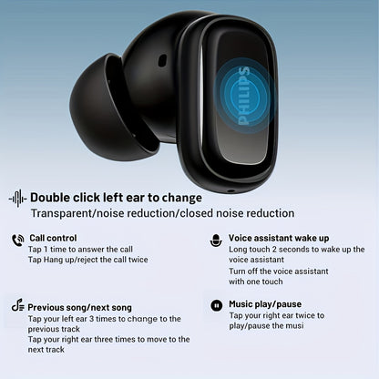 For Philips Active Noise-Cancelling Wireless Headphones with Single-Click Left Ear Adjustment, Dual HD Microphones, Sport-Style In-Ear Design, USB-C Charging, 10W Max Output, 5W Min Output, 36V Safe Voltage, Compatible with f