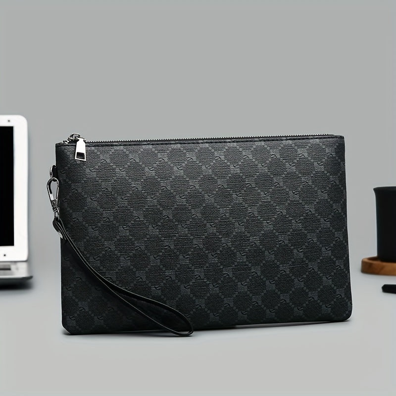 Men'S Stylish Black Synthetic Clutch Bag with Hexagonal Pattern & Card Slots - Perfect for Keys, Phone, Tablet, and Cards - Durable Zipper Closure for Everyday Use