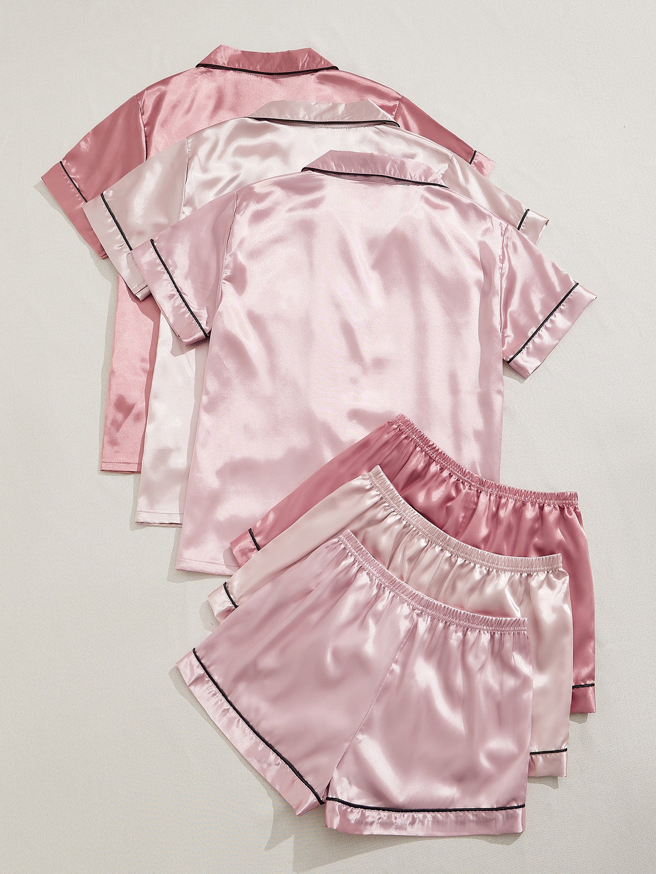 3 Sets Satin Pajama Set, Short Sleeve Lapel Top &amp; Elastic Waistband Shorts, Women's Sleepwear &amp; Loungewear