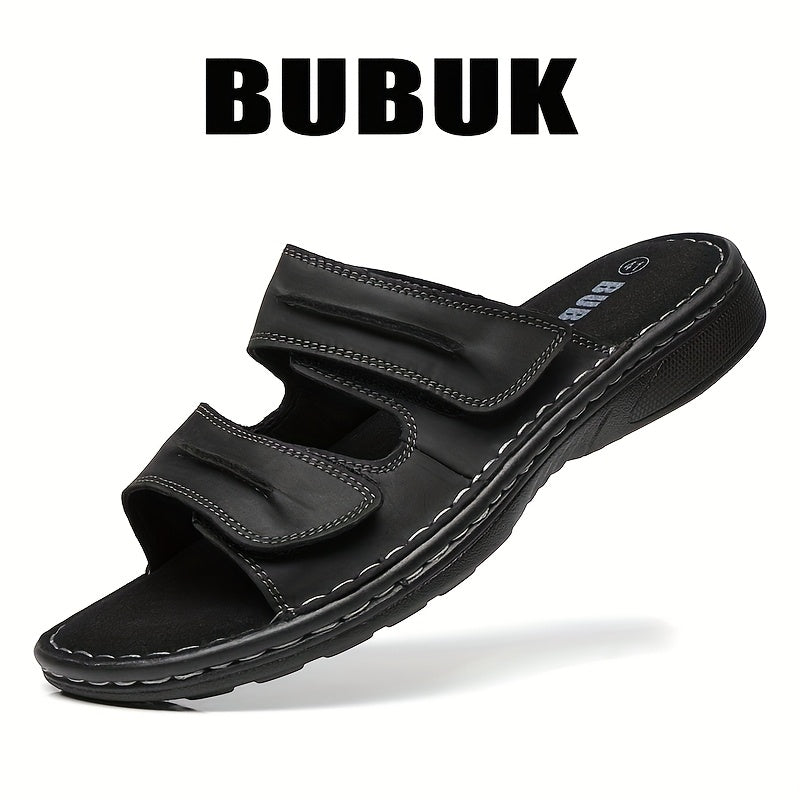 BUBUK Men's Genuine Leather Slip-On Slippers Sandals - Full-Grain Cowhide Upper, Adjustable Strap & Buckle, Black Heavy-Sole (PU/Fabric) for Beach, Casual, Outdoor - Comfortable All-Terrain Walking Shoes - Durable Leather Foo