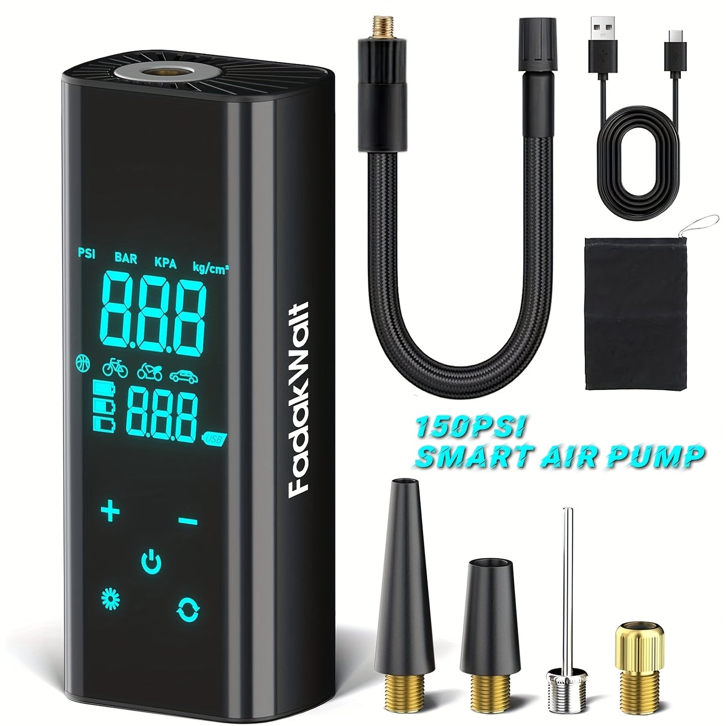 Recommendation: 150PSI High-Speed Inflator Pump with Intelligent Digital Display And Emergency Tire Repair Light. Suitable for Inflating Cars, Motorcycles, Bicycles, And Various Balls. Obsidian Black Version.