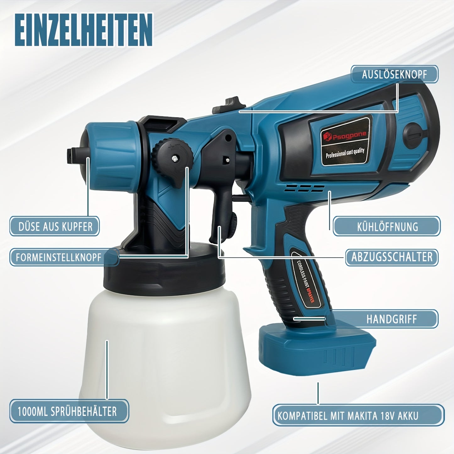 Fence Paint Sprayer with 2x 3000mAh Lithium Ion Batteries, HVLP Cordlss Paint Sprayer Compatible with Makita 18V Battery, 1000ml Tank 4 Nozzles And 2 Cleaning Tools, 3 Patterns Battery Spray Gun Paint Sprayer for Walls And Ceiling