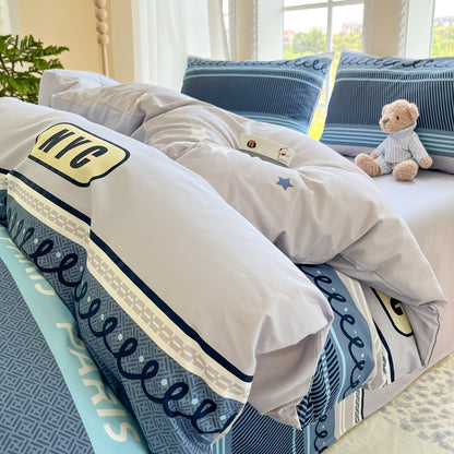 Four Seasons Beige-Friendly Printed Brooklyn Pattern Flannel Set, 4pcs 100% Cotton, 1 Duvet Cover + 2 Pillowcases + 1 Fitted Sheet, Soft and Delicate, Breathable and Sweat-Wicking, Simple and Elegant, Machine Washable,  Beddi