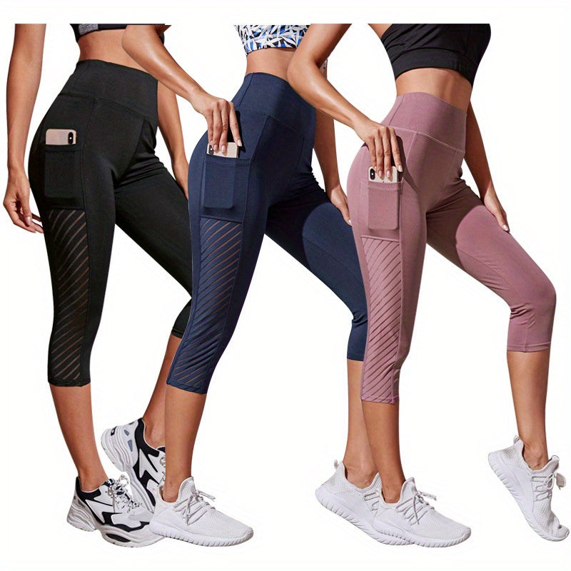 Wide Waistband Tummy Control Hip Lifting Sports Capri Pants, High Waist Stitching Mesh Capri Leggings, Women's Activewear