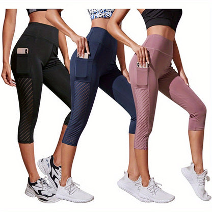 Wide Waistband Tummy Control Hip Lifting Sports Capri Pants, High Waist Stitching Mesh Capri Leggings, Women's Activewear