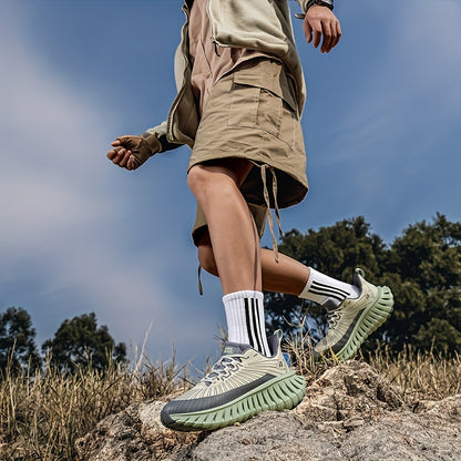 Men's Breathable Mesh Running Shoes - Lightweight, Non-Slip, Durable Hiking &amp; Fitness Shoes with Air Strap for Indoor/Outdoor Use, Gray and Green Design, Casual Sports Shoes | Modern Sneakers | Breathable Mesh Upper