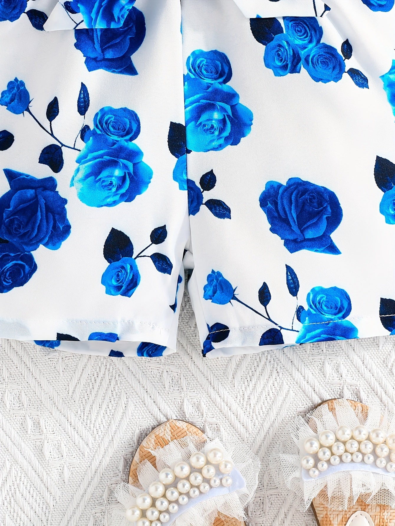 Girls' Summer Casual Floral Print Off-Shoulder Jumpsuit with Adjustable Waist Belt - Lightweight Breathable Shorts for Outdoor Play & Daily Wear, Blue & White Flower Design, Perfect for Weekend Outings, Cute Outfits for Girls