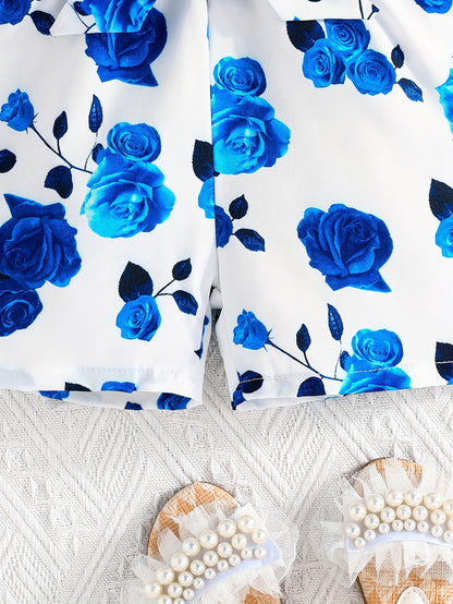 Girls' Summer Casual Floral Print Off-Shoulder Jumpsuit with Adjustable Waist Belt - Lightweight Breathable Shorts for Outdoor Play & Daily Wear, Blue & White Flower Design, Perfect for Weekend Outings, Cute Outfits for Girls