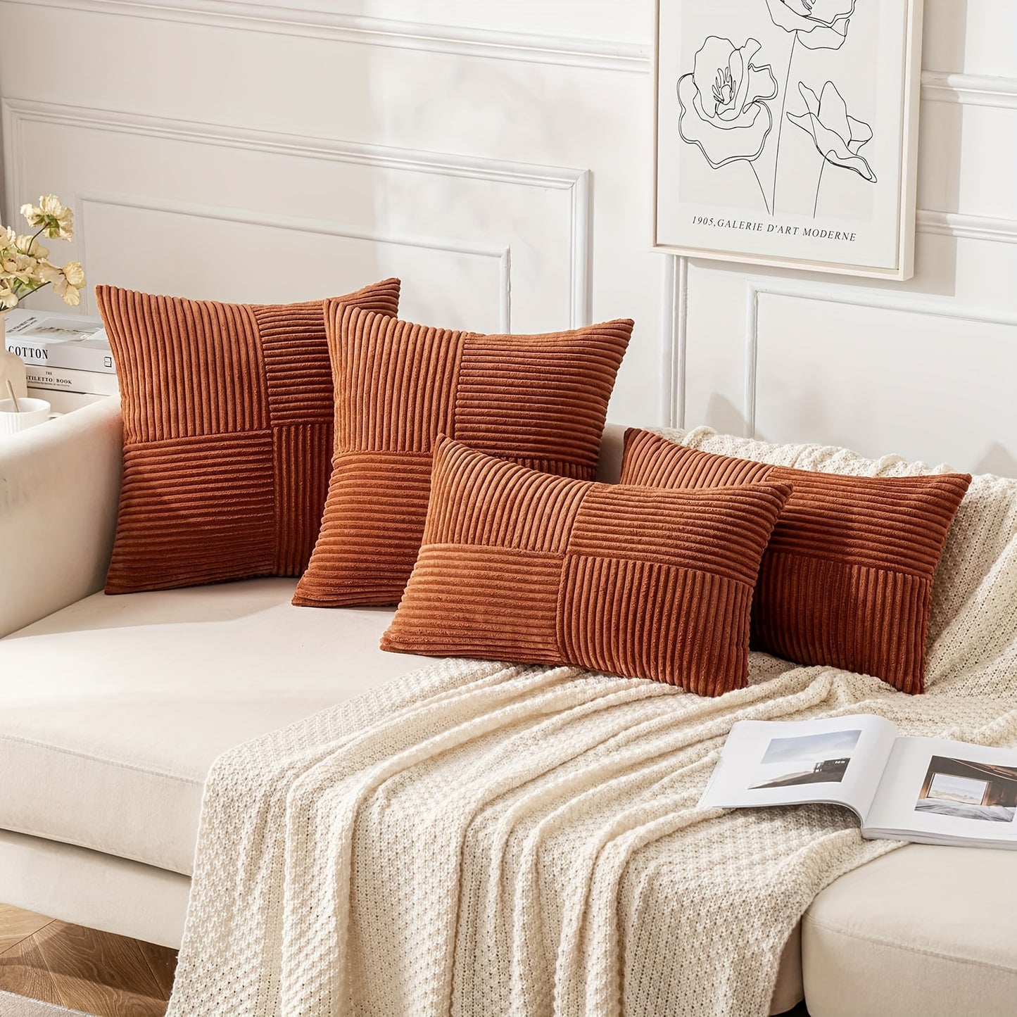 4pcs of mixed pillows (2pcs of square + 2pcs of rectangle) with pillow core, regular surface, all-match wear-resistant corduroy striped pillow, suitable for sofa bedroom living room balcony decoration pillow