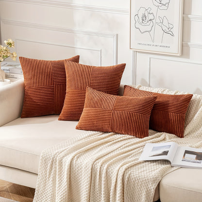 4pcs of mixed pillows (2pcs of square + 2pcs of rectangle) with pillow core, regular surface, all-match wear-resistant corduroy striped pillow, suitable for sofa bedroom living room balcony decoration pillow