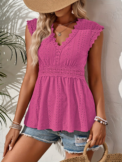 Elegant White Lace-Trimmed V-Neck Blouse with Eyelet Detailing - Short Sleeve, Crochet Texture, Perfect for Summer, Women'S Fashion, Casual Summer Wear | Lace Trim Top | Crochet Texture