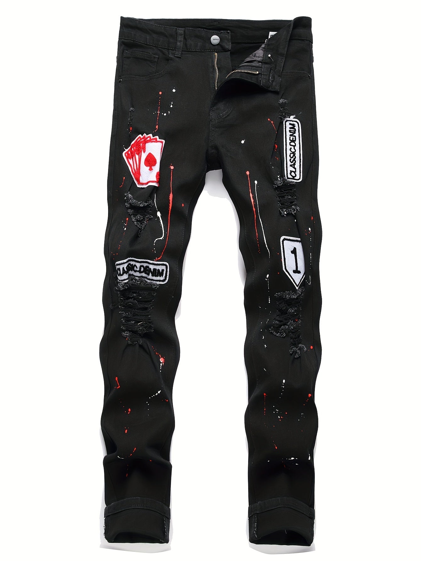 Patch Splatter Ripped Jeans, Men's Casual Street Style Distressed Slim Fit High Stretch Denim Pants For Spring Summer