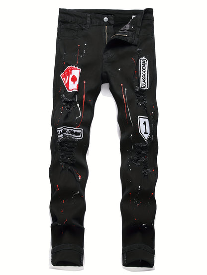 Patch Splatter Ripped Jeans, Men's Casual Street Style Distressed Slim Fit High Stretch Denim Pants For Spring Summer