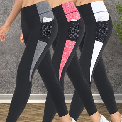 3-Pack Women's Yoga Pants Non-See-Through High-Waisted Workout Leggings - Sweat Absorbent Quick-Dry Yoga Pants with Side Pocket, Stretchy Gym Running Pilates Pants for Women (Black/Gray/Pink Accents - Affordable 3-Pack Deal),