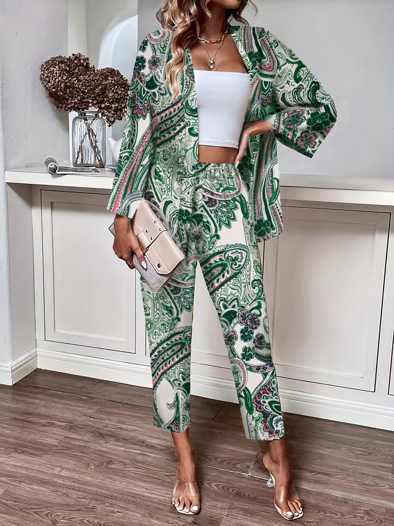 Boho Paisley Print Pants Set, Button Front Long Sleeve Blouse & Straight Leg Pants Outfits, Women's Clothing