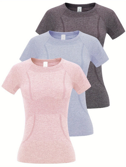 3pcs Women's Sports Fitness Running Top, Short Sleeve Quick-drying Breathable Comfortable T-shirt, Women's Clothing