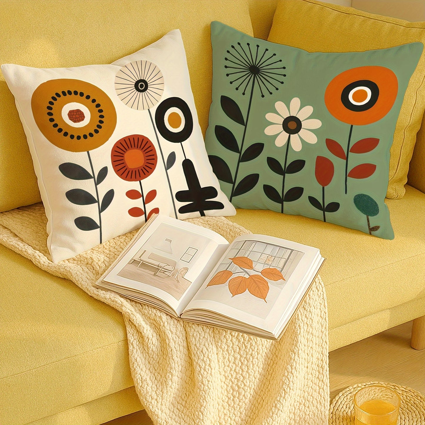 4pcs Vibrant Floral Plush Pillow Covers - Modern Abstract Design in Yellow, Blue, Green with Daisies & Vases, Soft & Cozy Decorative Cushion Cases for Living Room, Bedroom, Sofa - Machine Washable, Zipper Closure, No Inserts,