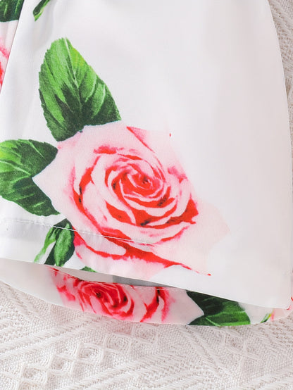 Girls' Summer Casual Floral Print Off-Shoulder Jumpsuit with Adjustable Waist Belt - Lightweight Breathable Shorts for Outdoor Play & Daily Wear, Blue & White Flower Design, Perfect for Weekend Outings, Cute Outfits for Girls