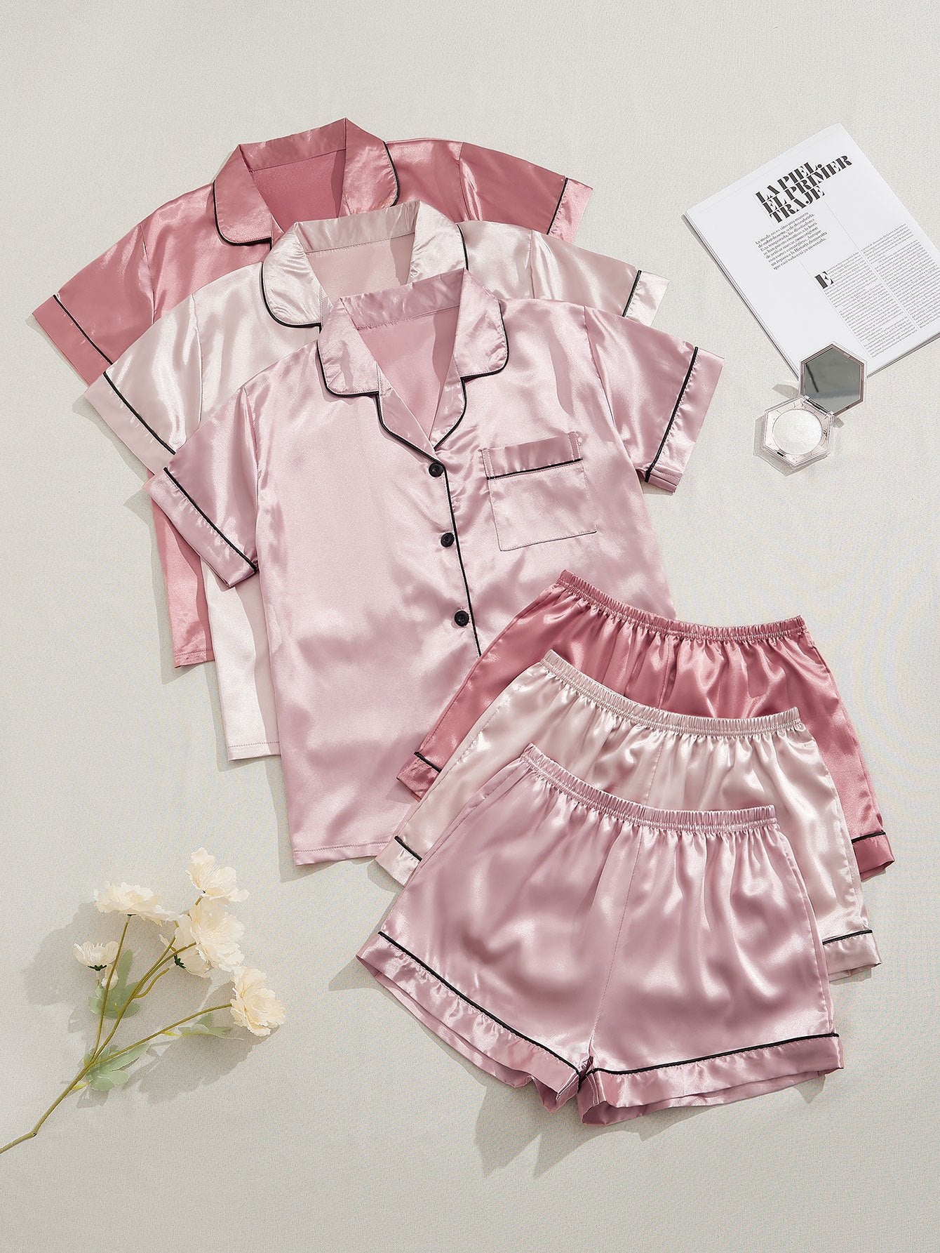 3 Sets Satin Pajama Set, Short Sleeve Lapel Top &amp; Elastic Waistband Shorts, Women's Sleepwear &amp; Loungewear