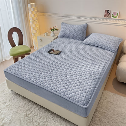 Conjunto de 3 peças de lençol de baixo e fronha em veludo macio e confortável, com enchimento grosso tipo sanduíche, excelente efeito de aquecimento, altura do lençol de baixo de 30 cm, estilo acolchoado, ideal para quarto de hóspedes e quarto de família.