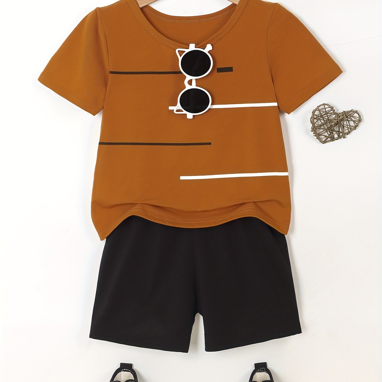 2pcs Set of Boys' Summer Striped Print Round Neck Short Sleeve T-shirt and Casual Shorts