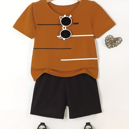 2pcs Set of Boys' Summer Striped Print Round Neck Short Sleeve T-shirt and Casual Shorts