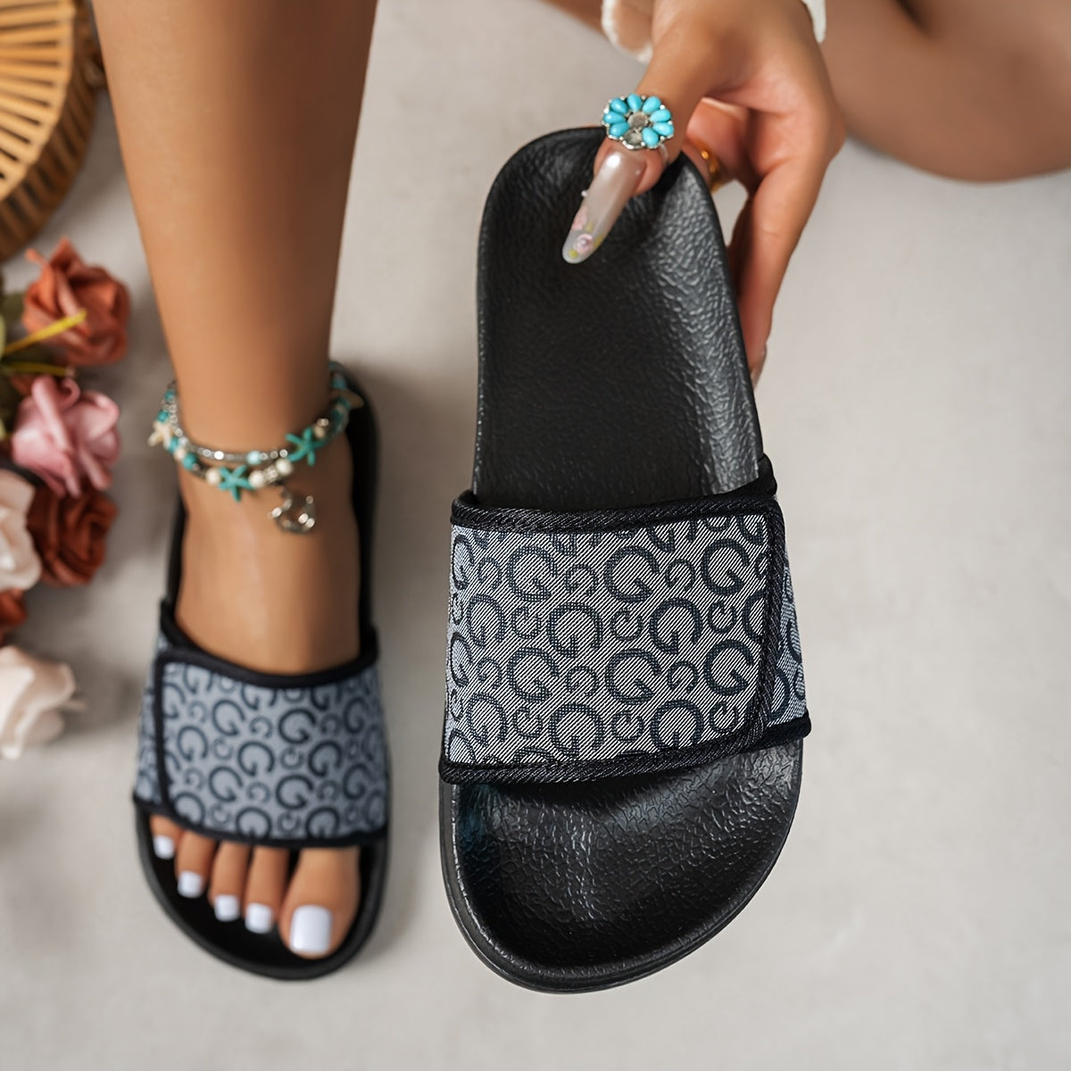 Women's White/Golden Greek Key & Letter Print Slip-On Mules - PU Cover Upper, Cushioned Insole & Arch - All-Season Casual Sandals for Beach, Weddings & Casual Attire, Comfortable Sleepers For Womens, Woman Slippers For Women,